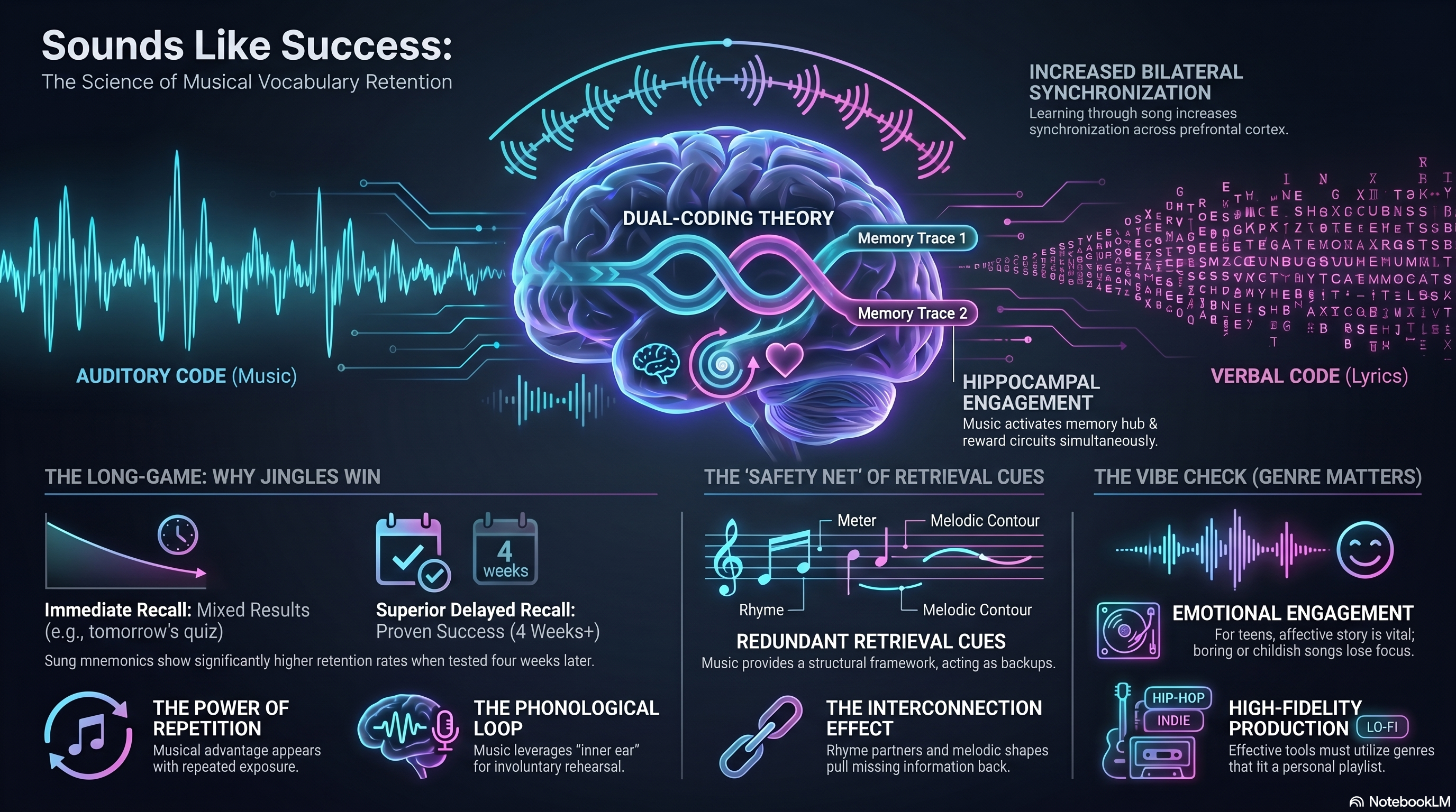 Sounds Like Success: the science of musical vocabulary retention.
Dual-coding theory pairs an auditory code with a verbal code,
producing redundant retrieval cues, hippocampal engagement,
and superior delayed recall after four weeks.